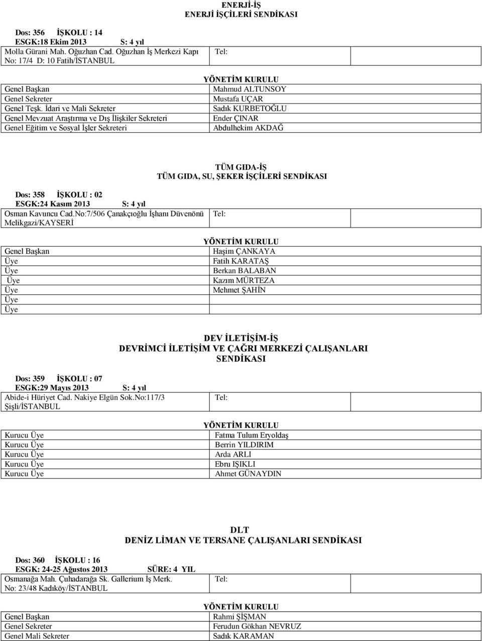 TÜM GIDA, SU, ŞEKER İŞÇİLERİ SENDİKASI Dos: 358 İŞKOLU : 02 ESGK:24 Kasım 2013 S: 4 yıl Osman Kavuncu Cad.