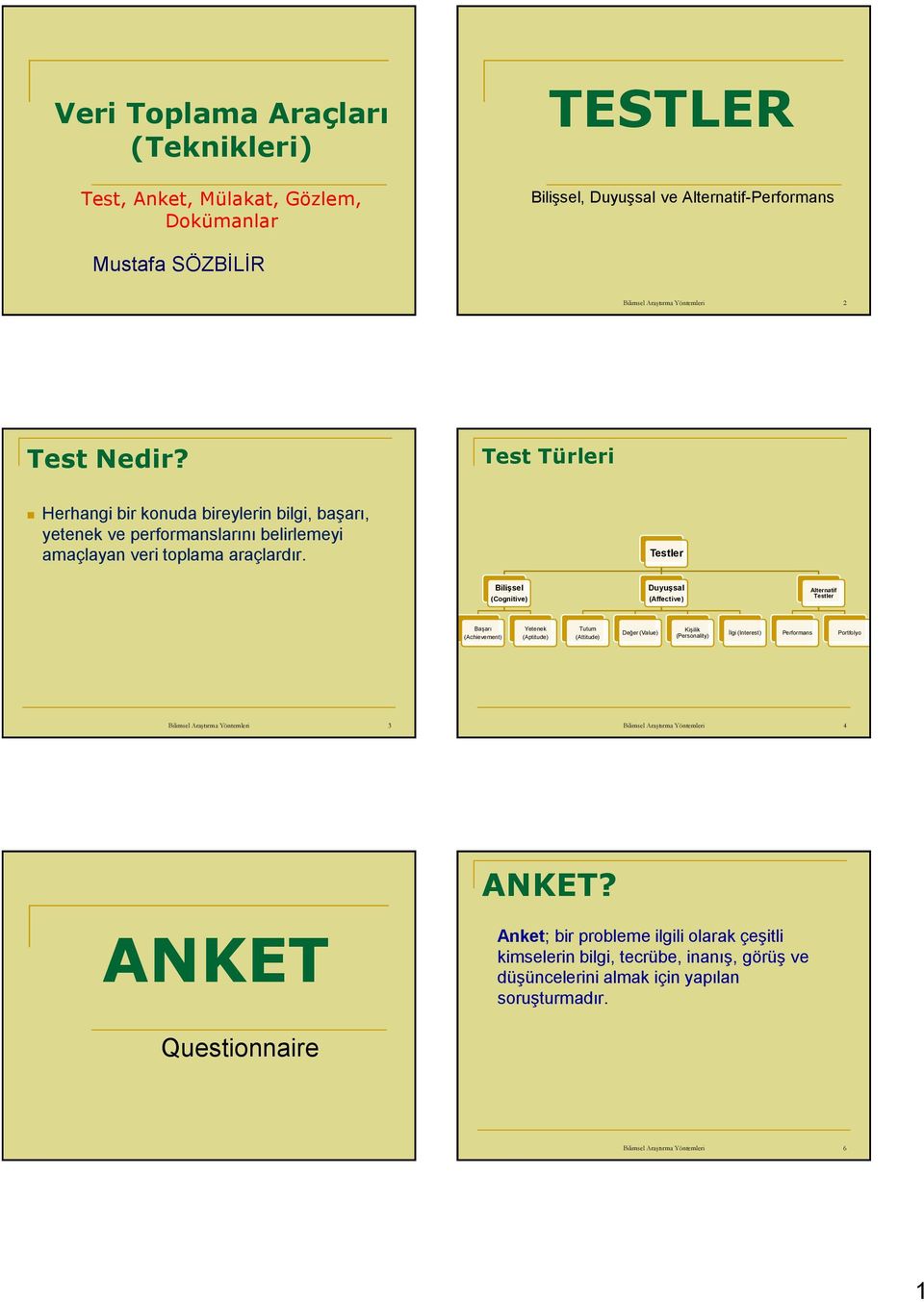 Testler Bilişsel (Cognitive) Duyuşsal (Affective) Alternatif Testler Başarı (Achievement) Yetenek (Aptitude) Tutum (Attitude) Değer (Value) Kişilik (Personality)