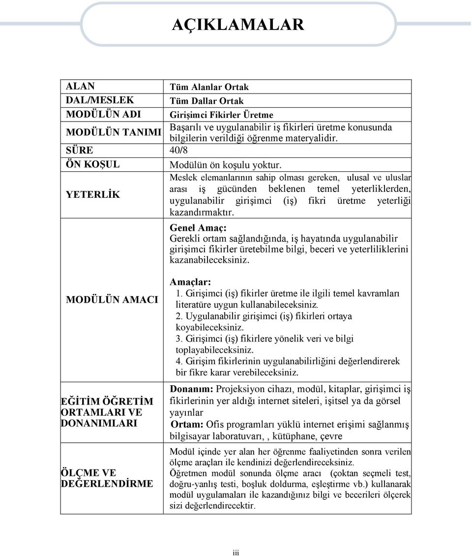 Meslek elemanlarının sahip olması gereken, ulusal ve uluslar YETERLİK arası iş gücünden beklenen temel yeterliklerden, uygulanabilir girişimci (iş) fikri üretme yeterliği kazandırmaktır.