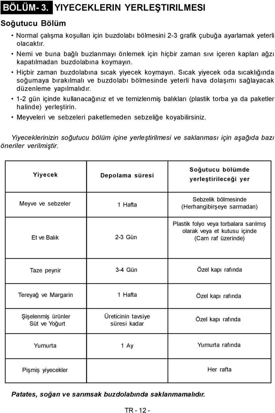 Sıcak yiyecek oda sıcaklığında soğumaya bırakılmalı ve buzdolabı bölmesinde yeterli hava dolaşımı sağlayacak düzenleme yapılmalıdır.