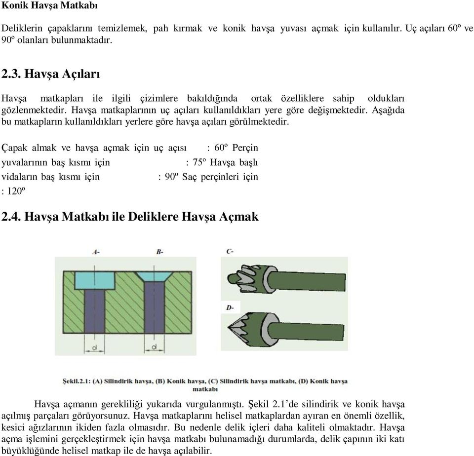 Aşağıda bu matkapların kullanıldıkları yerlere göre havşa açıları görülmektedir.