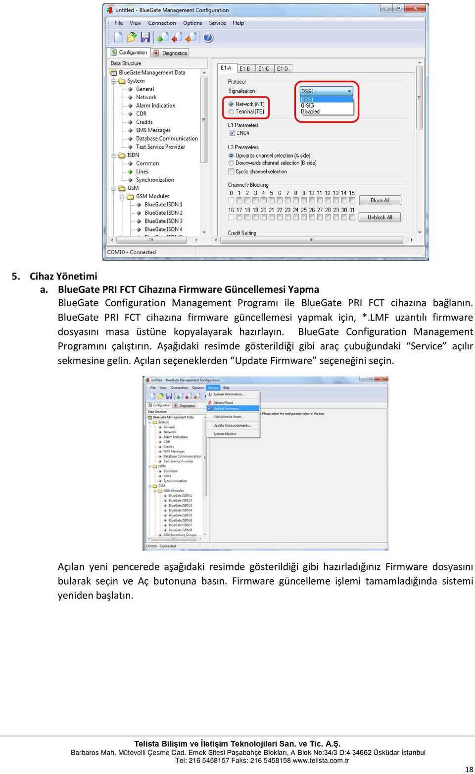 BlueGate Configuration Management Programını çalıştırın. Aşağıdaki resimde gösterildiği gibi araç çubuğundaki Service açılır sekmesine gelin.