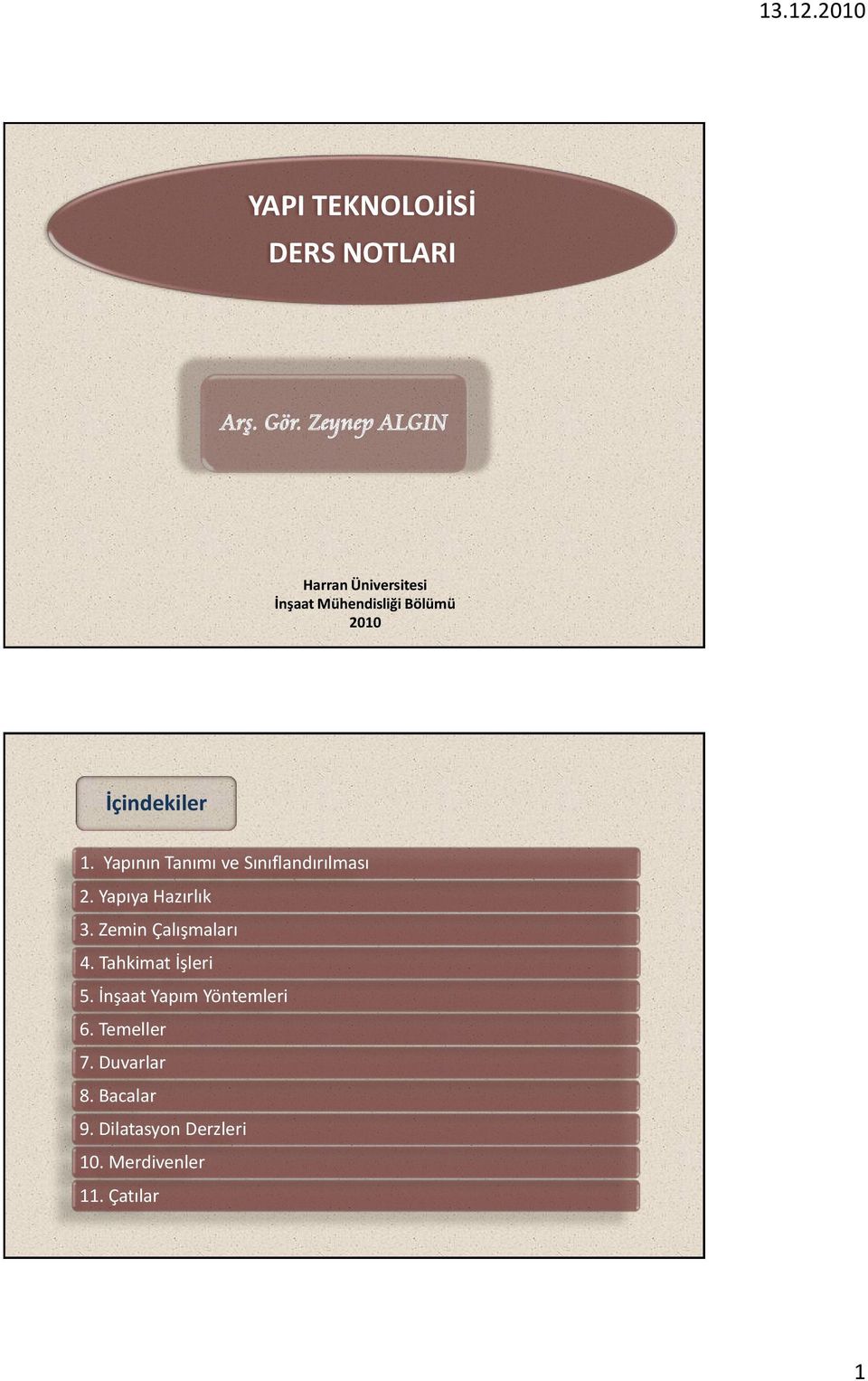 Yapının Tanımı ve Sınıflandırılması 2. Yapıya Hazırlık 3. Zemin Çalışmaları 4.