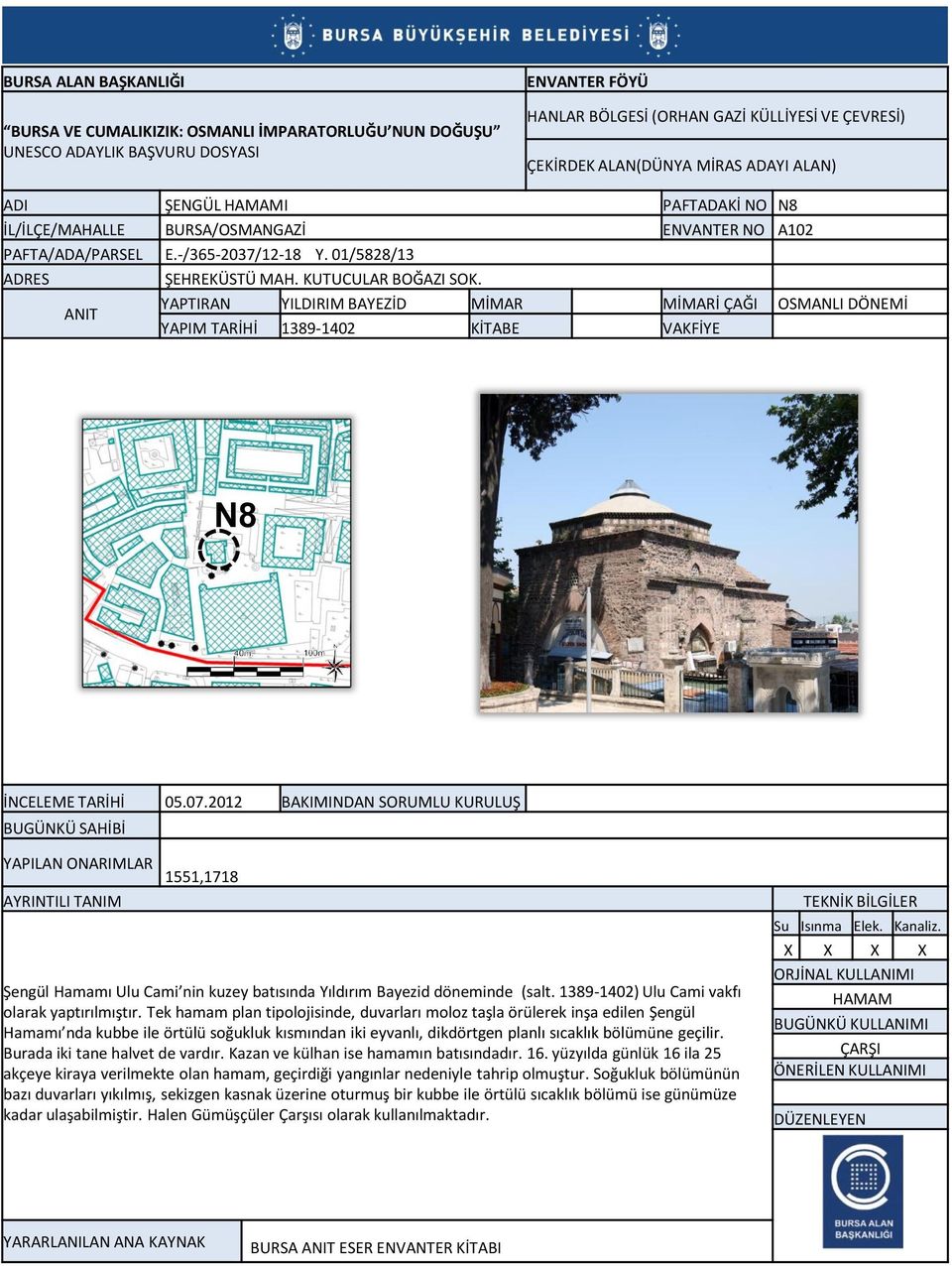 2012 BAKIMINDAN SORUMLU KURULUŞ YAPILAN ONARIMLAR 1551,1718 Şengül Hamamı Ulu Cami nin kuzey batısında Yıldırım Bayezid döneminde (salt. 1389-1402) Ulu Cami vakfı olarak yaptırılmıştır.