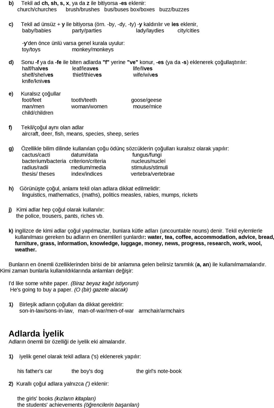 adlarda "f" yerine "ve" konur, -es (ya da -s) eklenerek çoğullaştırılır: half/halves leaf/leaves life/lives shelf/shelves thief/thieves wife/wives knife/knives e) Kuralsız çoğullar foot/feet man/men