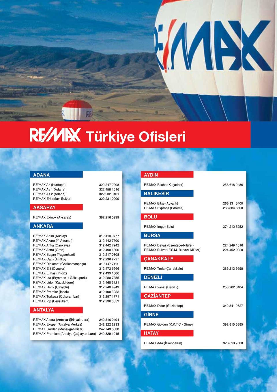 Ayrancı) 312 442 7600 RE/MAX Anka (Çankaya) 312 442 7242 RE/MAX Astra (Oran) 312 490 1800 RE/MAX Başarı (Yaşamkent) 312 217 0808 RE/MAX Can (Ümitköy) 312 236 2727 RE/MAX Diplomat (Gaziosmanpaşa) 312