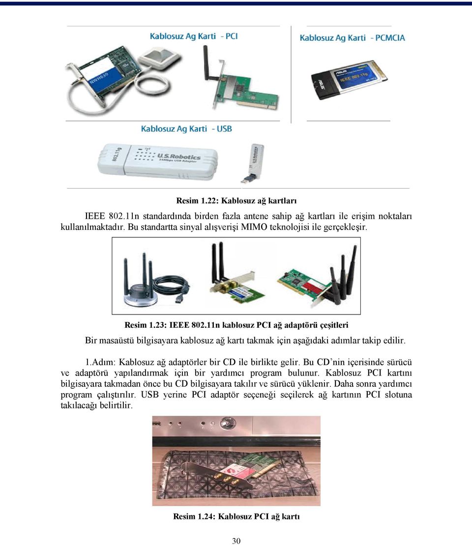 11n kablosuz PCI ağ adaptörü çeşitleri Bir masaüstü bilgisayara kablosuz ağ kartı takmak için aşağıdaki adımlar takip edilir. 1.Adım: Kablosuz ağ adaptörler bir CD ile birlikte gelir.