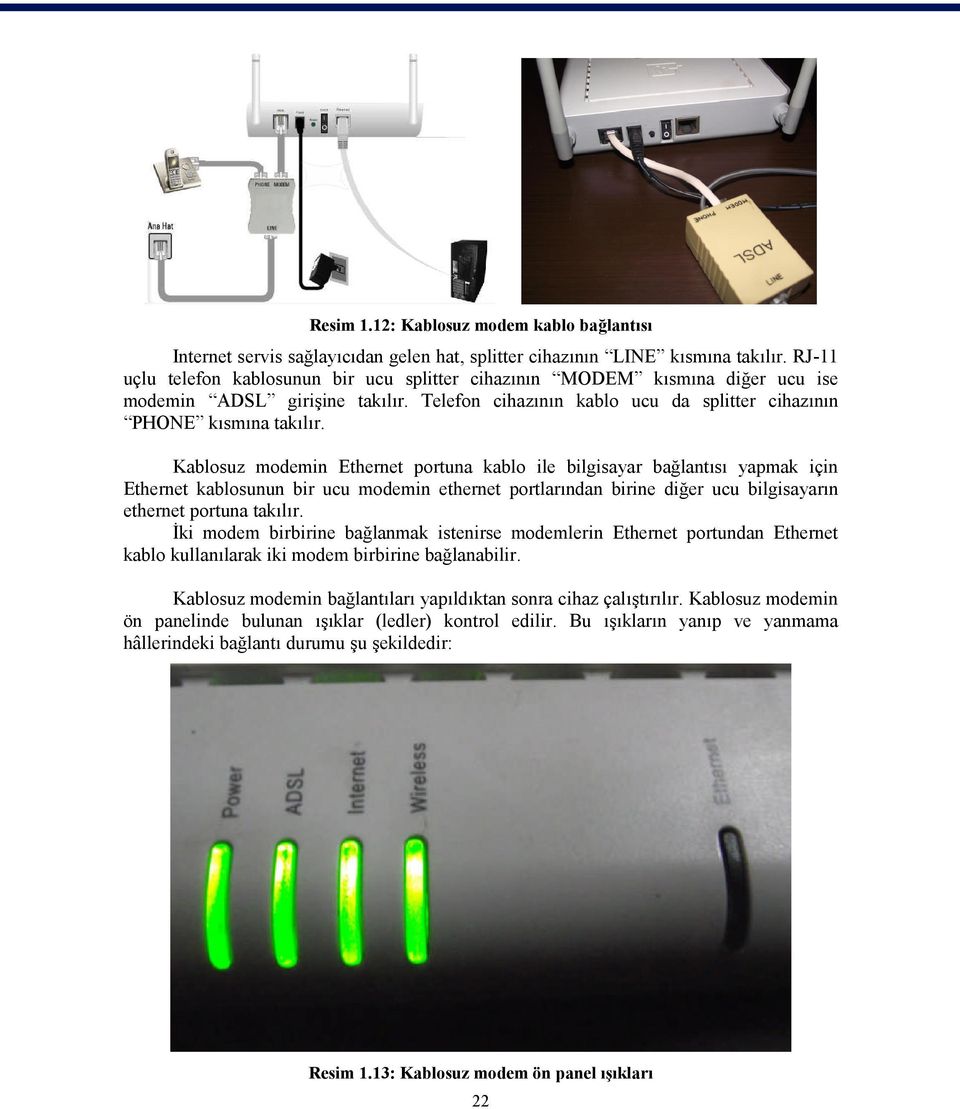 Kablosuz modemin Ethernet portuna kablo ile bilgisayar bağlantısı yapmak için Ethernet kablosunun bir ucu modemin ethernet portlarından birine diğer ucu bilgisayarın ethernet portuna takılır.