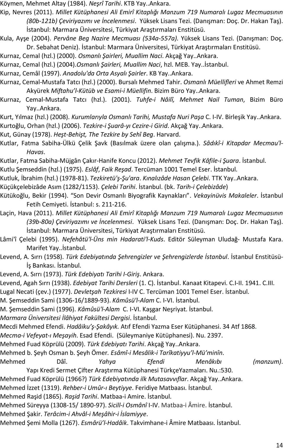 (Danışman: Doç. Dr. Sebahat Deniz). İstanbul: Marmara Üniversitesi, Türkiyat Araştırmaları Enstitüsü. Kurnaz, Cemal (hzl.) (2000). Osmanlı Şairleri, Muallim Naci. Akçağ Yay..Ankara.