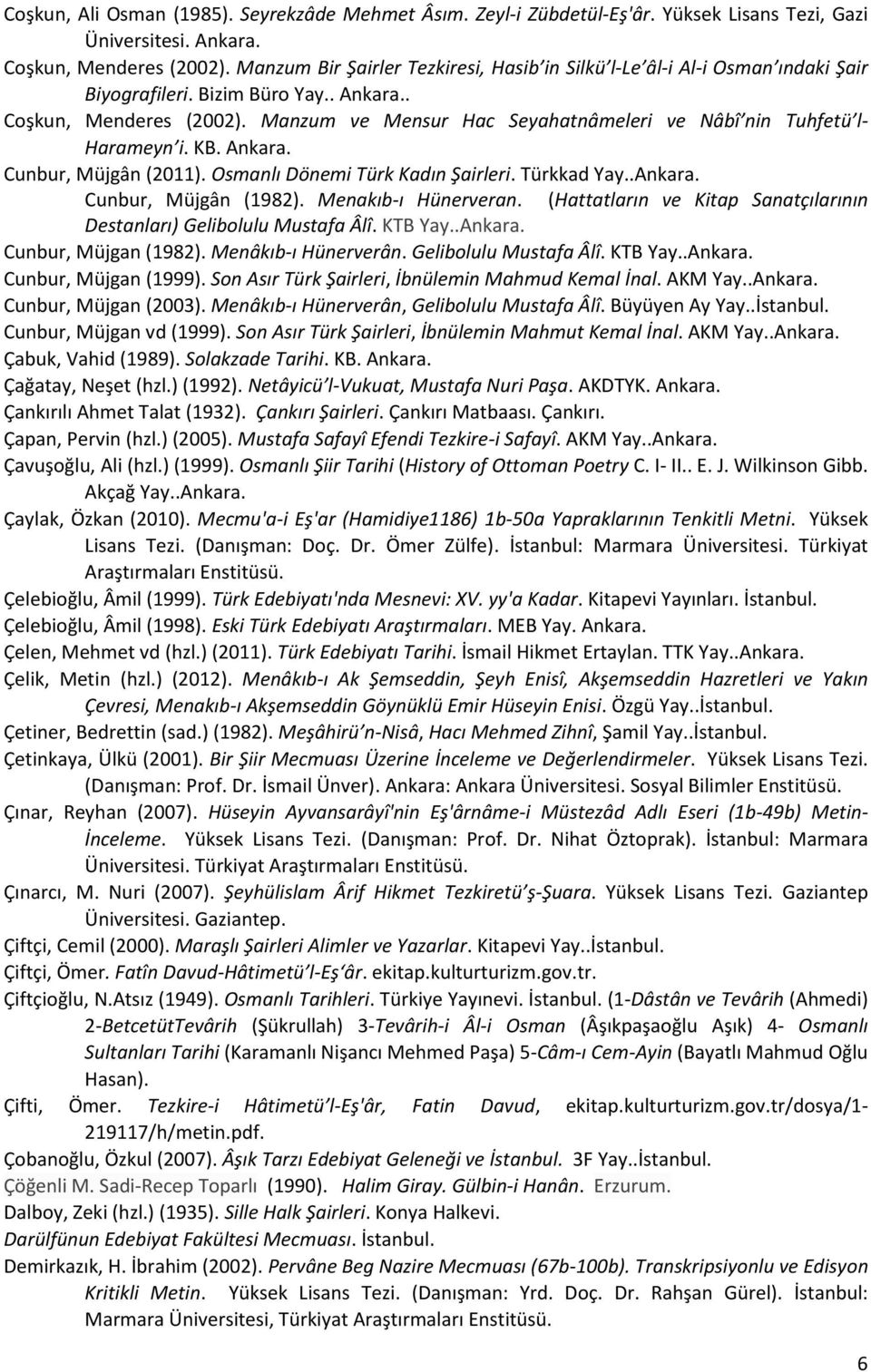 Manzum ve Mensur Hac Seyahatnâmeleri ve Nâbî nin Tuhfetü l- Harameyn i. KB. Ankara. Cunbur, Müjgân (2011). Osmanlı Dönemi Türk Kadın Şairleri. Türkkad Yay..Ankara. Cunbur, Müjgân (1982).