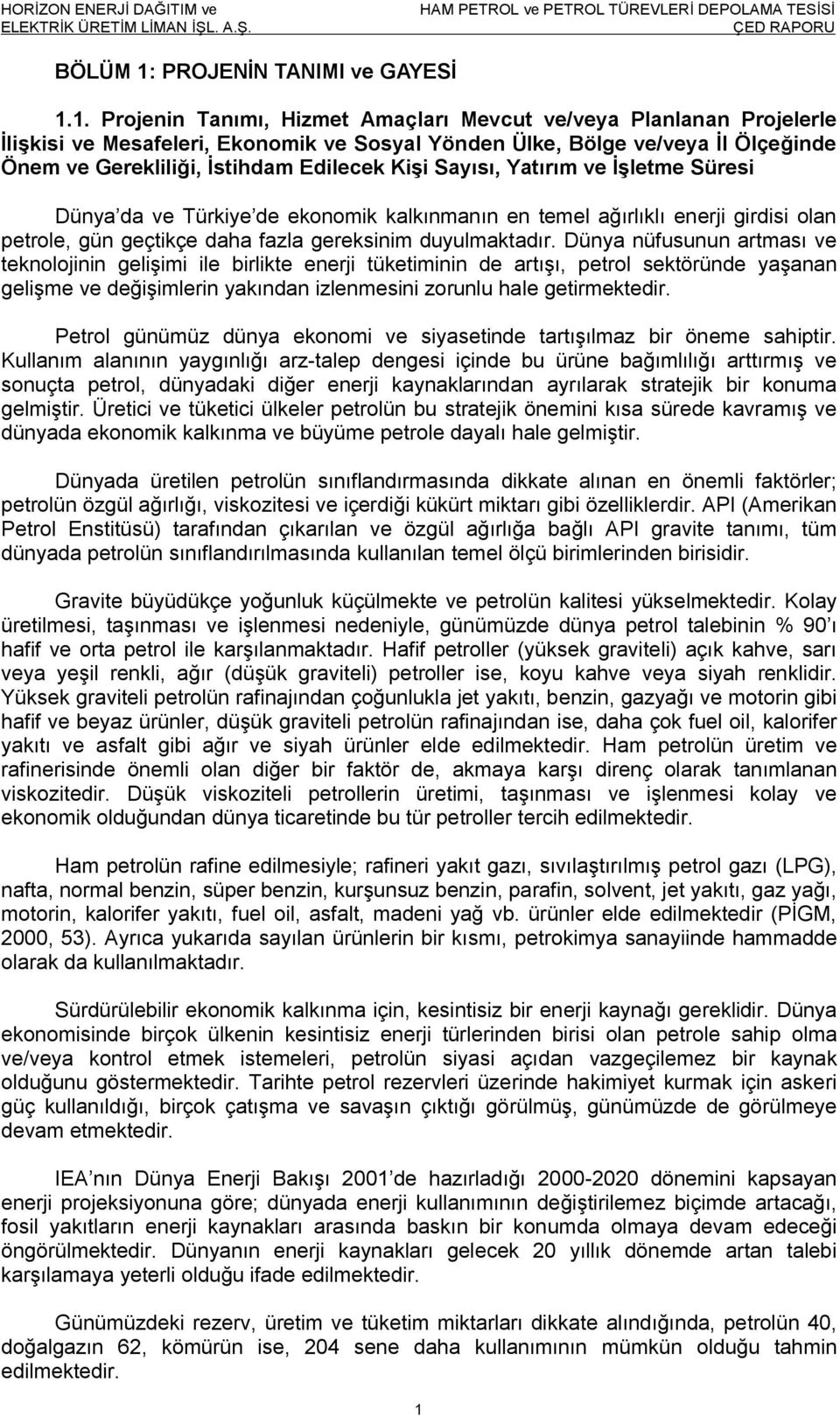 1. Projenin Tanımı, Hizmet Amaçları Mevcut ve/veya Planlanan Projelerle İlişkisi ve Mesafeleri, Ekonomik ve Sosyal Yönden Ülke, Bölge ve/veya İl Ölçeğinde Önem ve Gerekliliği, İstihdam Edilecek Kişi