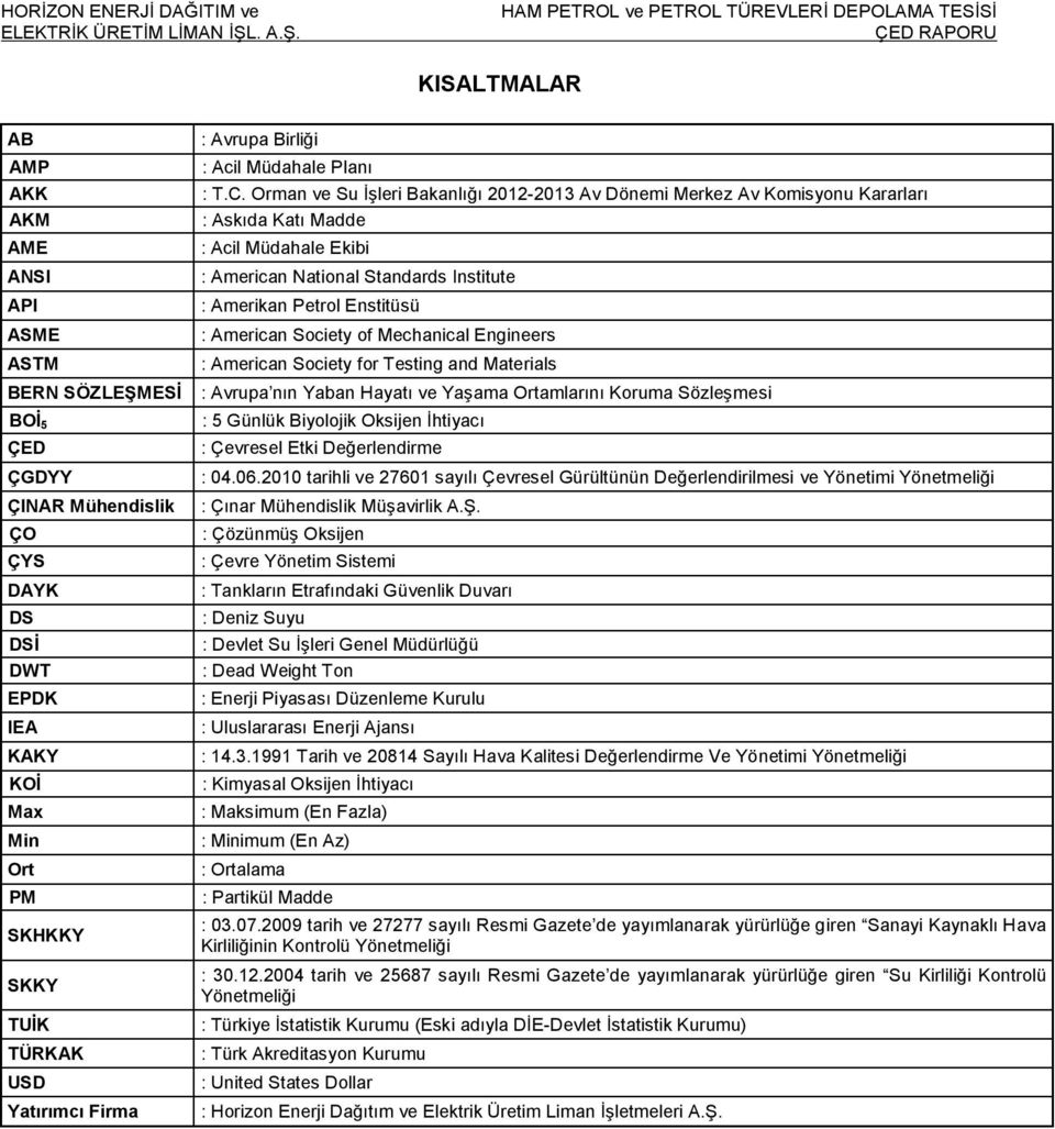 Orman ve Su İşleri Bakanlığı 2012-2013 Av Dönemi Merkez Av Komisyonu Kararları : Askıda Katı Madde : Acil Müdahale Ekibi : American National Standards Institute : Amerikan Petrol Enstitüsü : American