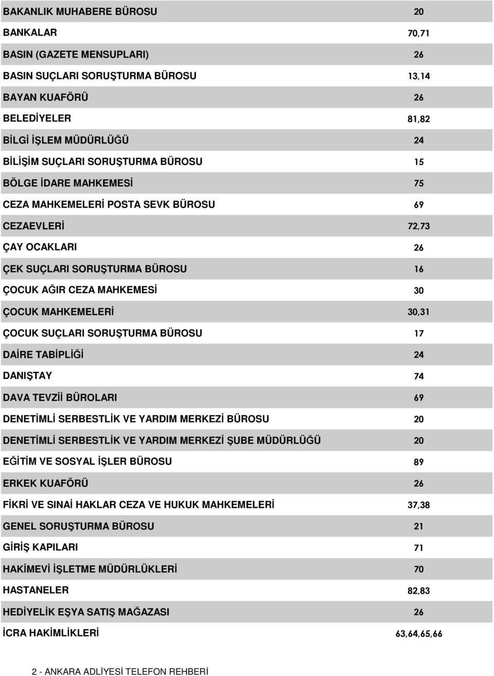 SUÇLARI SORUŞTURMA BÜROSU 17 DAİRE TABİPLİĞİ 24 DANIŞTAY 74 DAVA TEVZİİ BÜROLARI 69 DENETİMLİ SERBESTLİK VE YARDIM MERKEZİ BÜROSU 20 DENETİMLİ SERBESTLİK VE YARDIM MERKEZİ ŞUBE MÜDÜRLÜĞÜ 20 EĞİTİM VE