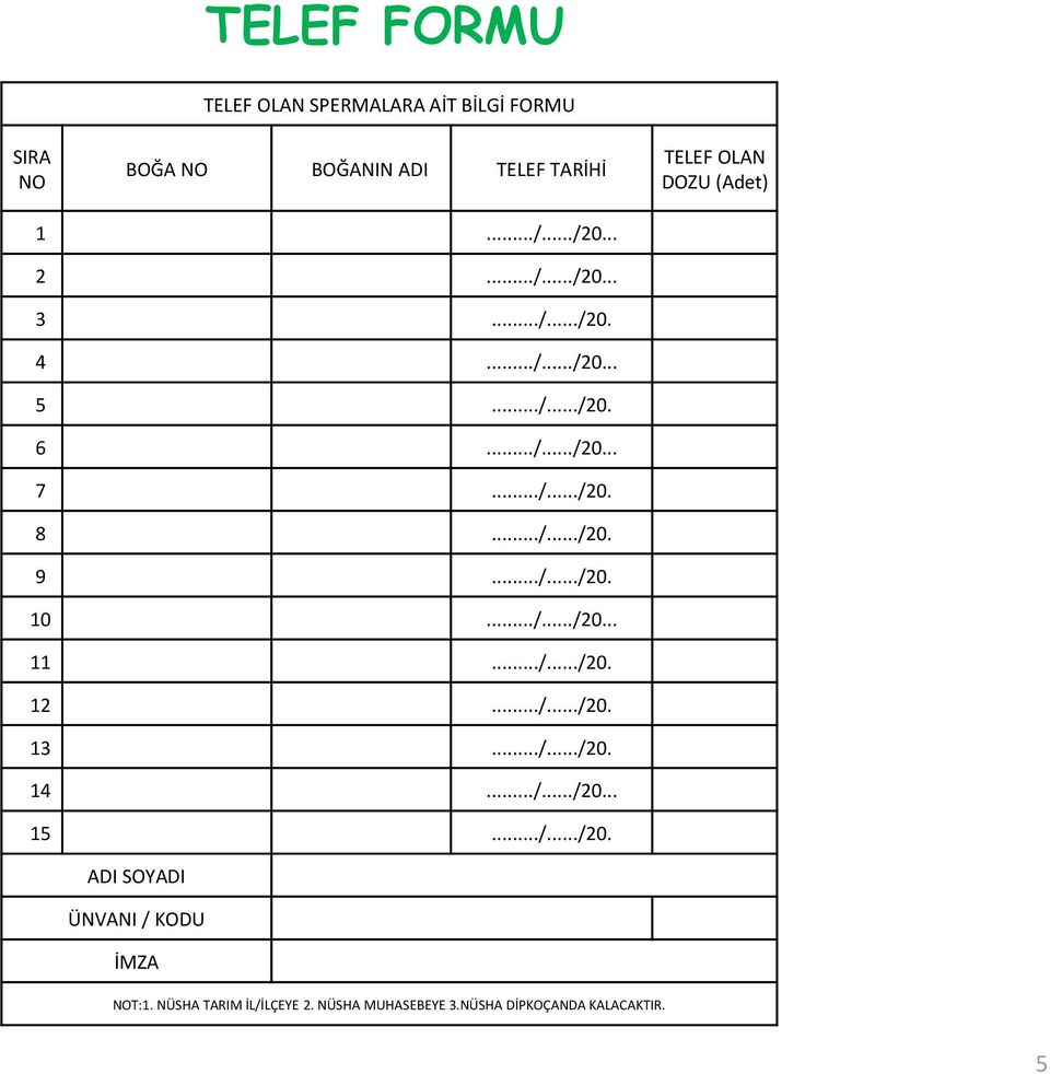 ../.../20. 10.../.../20... 11.../.../20. 12.../.../20. 13.../.../20. 14.../.../20... 15.../.../20. ADI SOYADI ÜNVANI / KODU İMZA NOT:1.