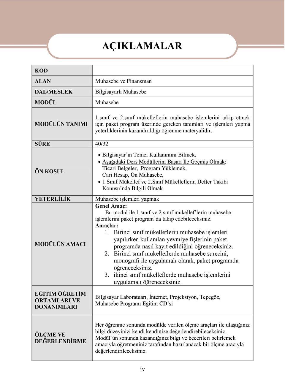 SÜRE 40/32 ÖN KOġUL YETERLĠLĠK MODÜLÜN AMACI EĞĠTĠM ÖĞRETĠM ORTAMLARI VE DONANIMLARI Bilgisayar ın Temel Kullanımını Bilmek, AĢağıdaki Ders Modüllerini BaĢarı Ġle GeçmiĢ Olmak: Ticari Belgeler,