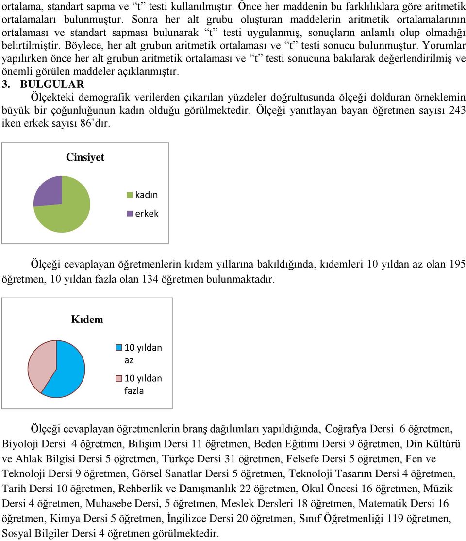 Böylece, her alt grubun aritmetik ortalaması ve t testi sonucu bulunmuştur.