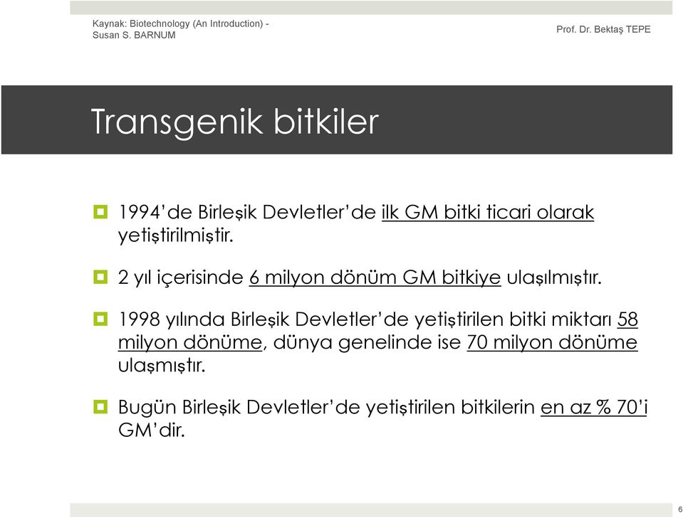 1998 yılında Birleşik Devletler de yetiştirilen bitki miktarı 58 milyon dönüme, dünya