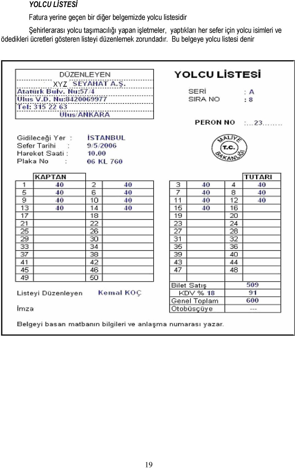 yaptıkları her sefer için yolcu isimleri ve ödedikleri ücretleri