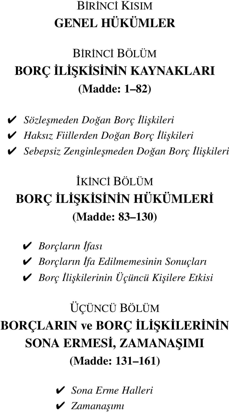 İLİŞKİSİNİN HÜKÜMLERİ (Madde: 83 130) Borçların İfası Borçların İfa Edilmemesinin Sonuçları Borç İlişkilerinin Üçüncü