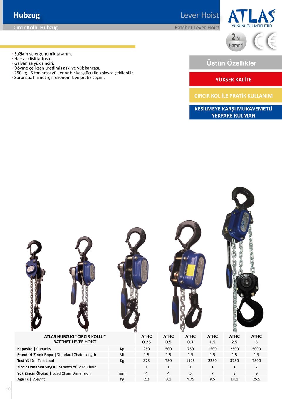 Lever Hoist Ratchet Lever Hoist YÜKSEK KALİTE CIRCIR KOL İLE PRATİK KULLANIM KESİLMEYE KARŞI MUKAVEMETLİ YEKPARE RULMAN ATLAS HUBZUG CIRCIR KOLLU RATCHET LEVER HOIST Kapasite Capacity Kg 250 500 750