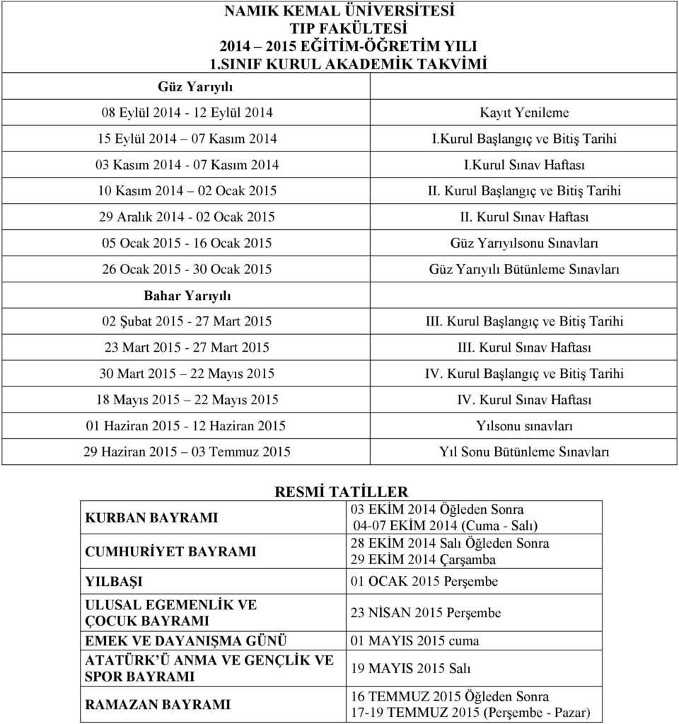 Kurul Başlangıç ve Bitiş Tarihi 03 Kasım 2014-07 Kasım 2014 I.Kurul Sınav Haftası 10 Kasım 2014 02 Ocak 2015 II. Kurul Başlangıç ve Bitiş Tarihi 29 Aralık 2014-02 Ocak 2015 II.