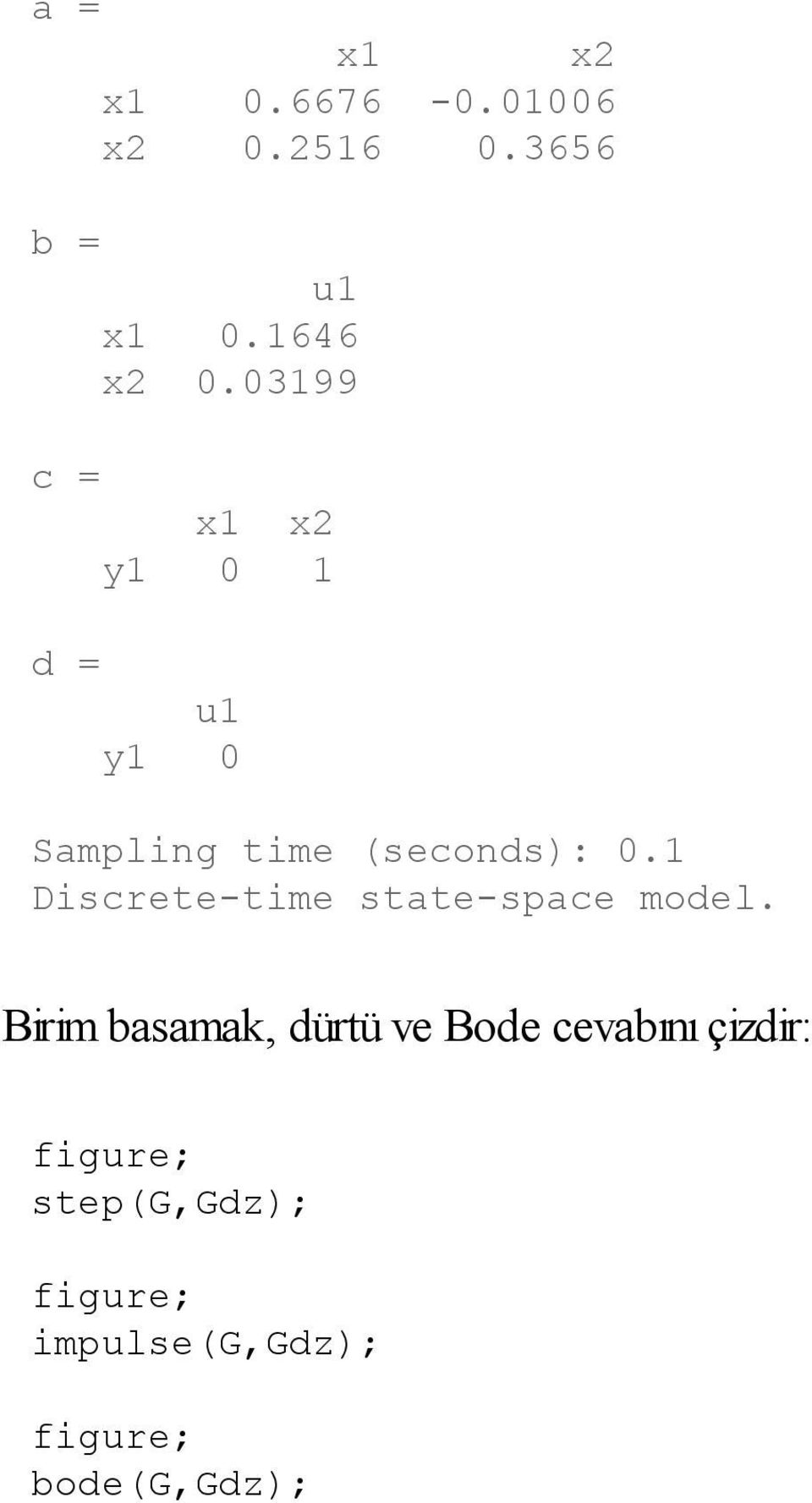 03199 c = x1 x2 y1 0 1 d = u1 y1 0 Sampling time (seconds): 0.