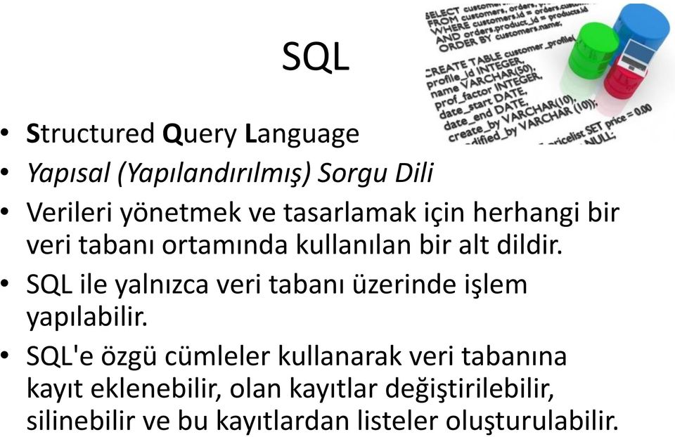 SQL ile yalnızca veri tabanı üzerinde işlem yapılabilir.