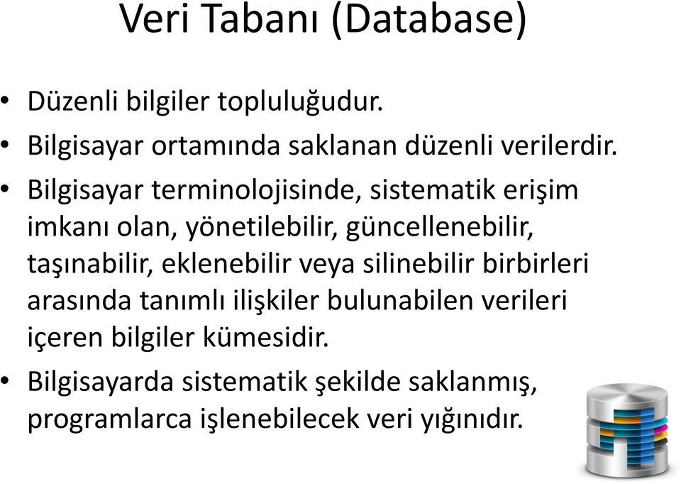 taşınabilir, eklenebilir veya silinebilir birbirleri arasında tanımlı ilişkiler bulunabilen verileri