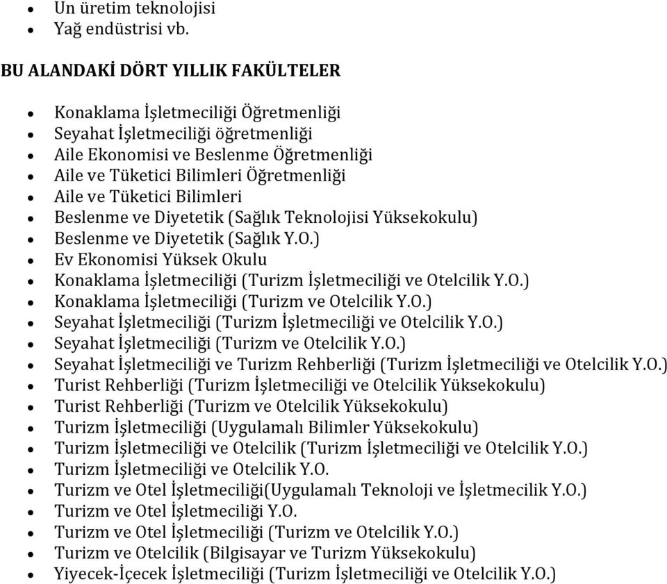 Tüketici Bilimleri Beslenme ve Diyetetik (Sağlık Teknolojisi Yüksekokulu) Beslenme ve Diyetetik (Sağlık Y.O.) Ev Ekonomisi Yüksek Okulu Konaklama İşletmeciliği (Turizm İşletmeciliği ve Otelcilik Y.O.) Konaklama İşletmeciliği (Turizm ve Otelcilik Y.