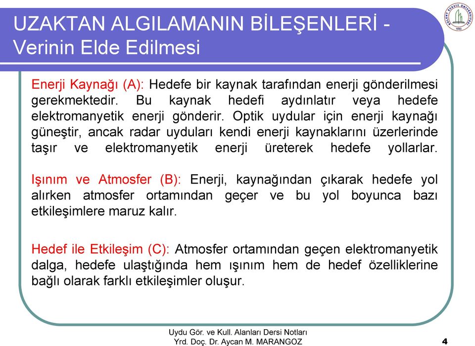 Optik uydular için enerji kaynağı güneştir, ancak radar uyduları kendi enerji kaynaklarını üzerlerinde taşır ve elektromanyetik enerji üreterek hedefe yollarlar.