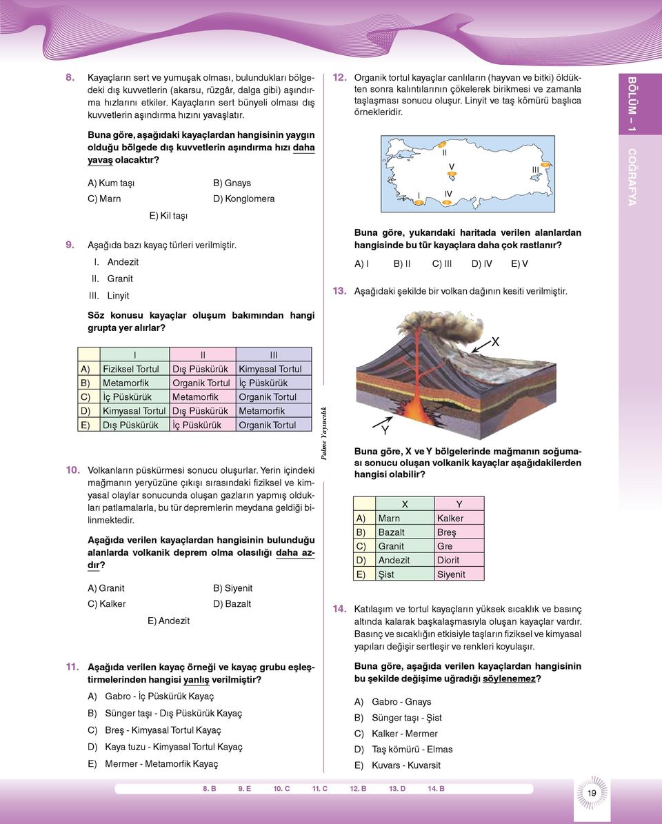 A) Kum taşı B) Gnays C) Marn D) Konglomera E) Kil taşı 9. Aşağıda bazı kayaç türleri verilmiştir. I. Andezit II. Granit III. Linyit 12.