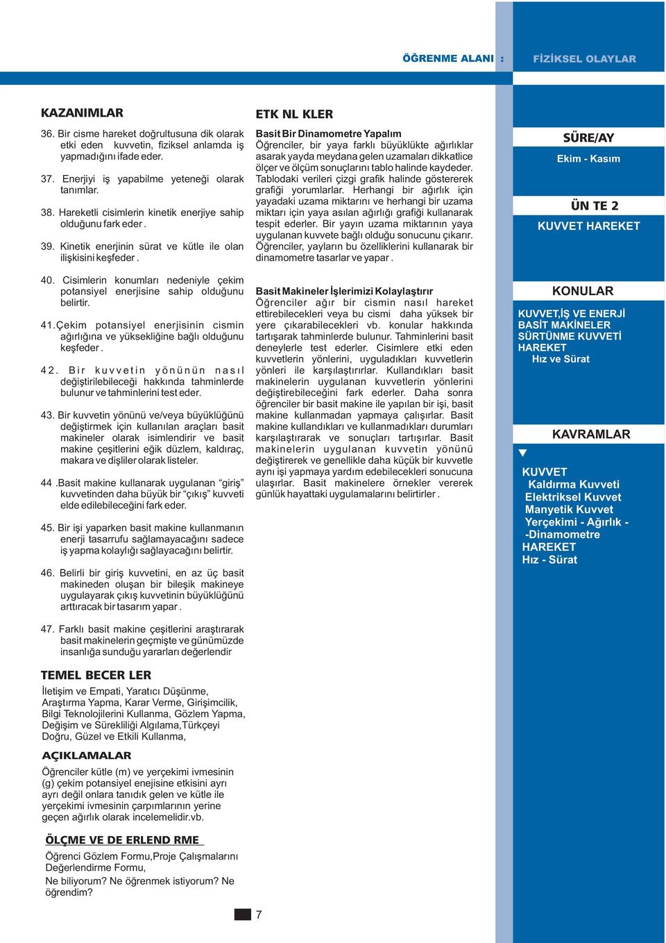 Cisimlerin konumları nedeniyle çekim potansiyel enerjisine sahip olduğunu belirtir. 41.Çekim potansiyel enerjisinin cismin ağırlığına ve yüksekliğine bağlı olduğunu keşfeder. 42.