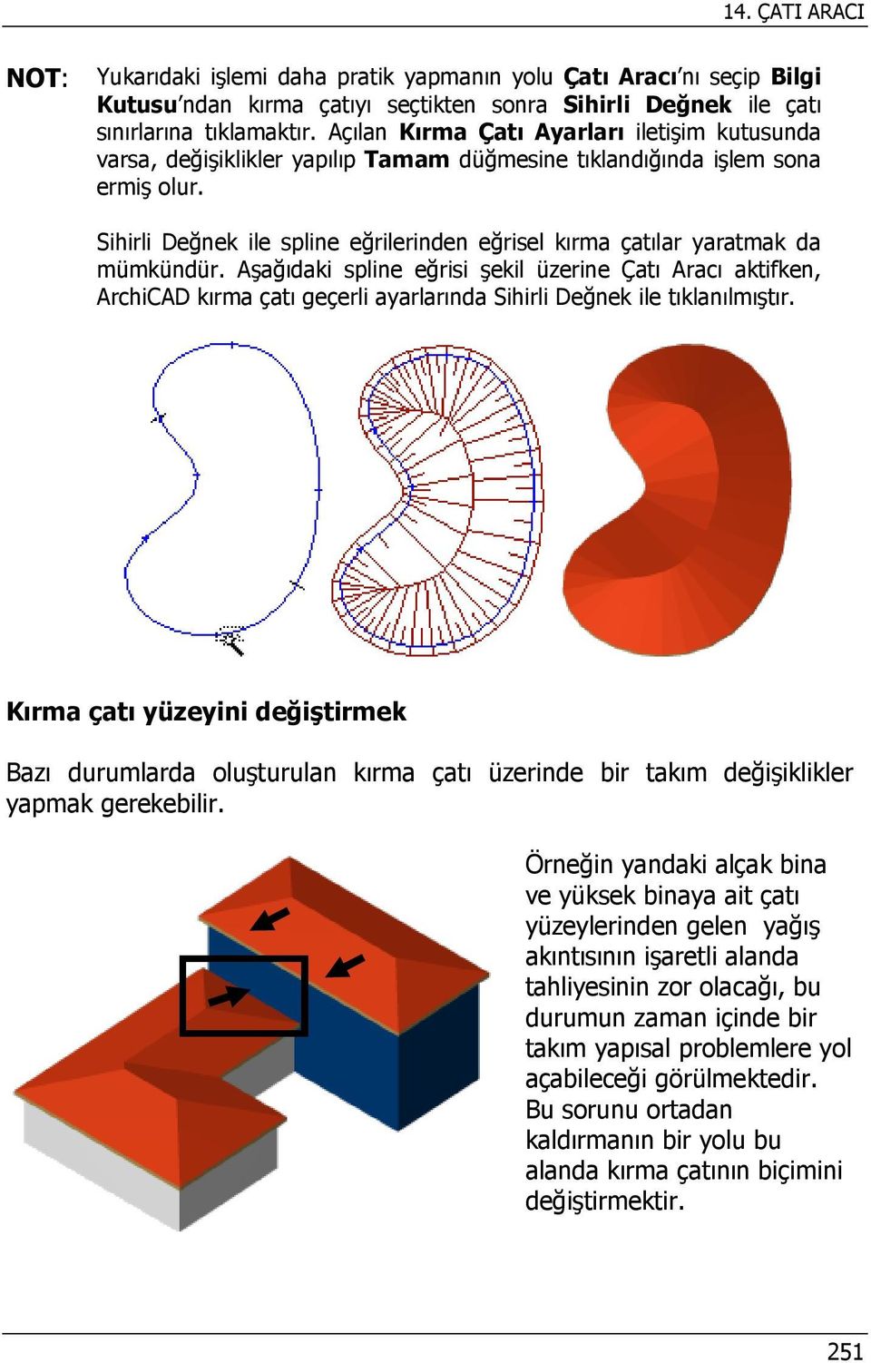 Sihirli Değnek ile spline eğrilerinden eğrisel kırma çatılar yaratmak da mümkündür.