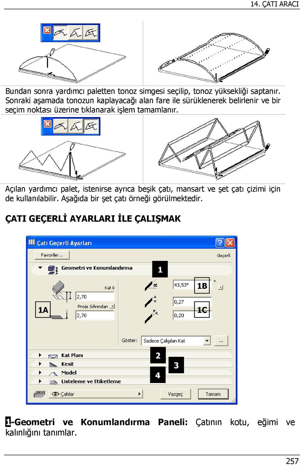 tamamlanır. Açılan yardımcı palet, istenirse ayrıca beşik çatı, mansart ve şet çatı çizimi için de kullanılabilir.