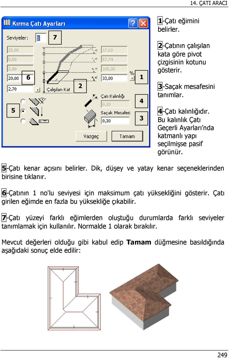 6-Çatının 1 no'lu seviyesi için maksimum çatı yüksekliğini gösterir. Çatı girilen eğimde en fazla bu yüksekliğe çıkabilir.