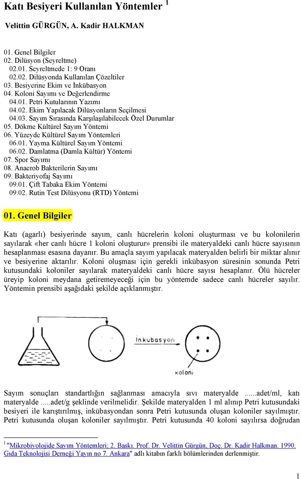 Sayım Sırasında Karşılaşılabilecek Özel Durumlar 05. Dökme Kültürel Sayım Yöntemi 06. Yüzeyde Kültürel Sayım Yöntemleri 06.01. Yayma Kültürel Sayım Yöntemi 06.02. Damlatma (Damla Kültür) Yöntemi 07.