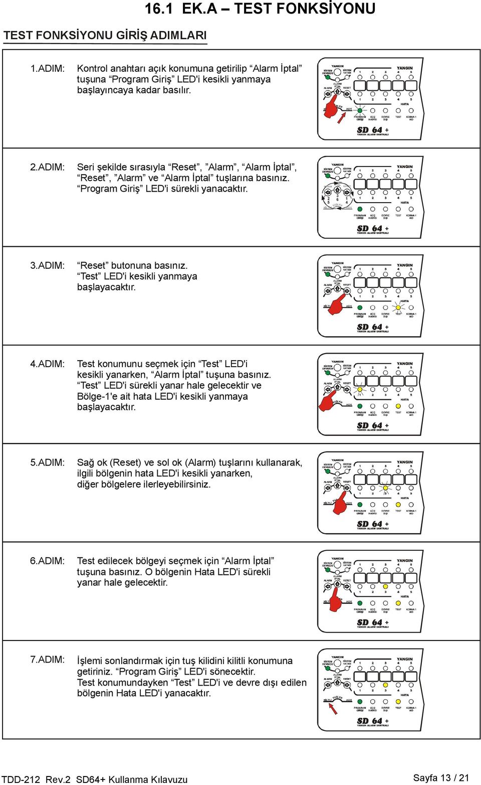 Test LED'i kesikli yanmaya başlayacaktır. 4.ADIM: Test konumunu seçmek için Test LED'i kesikli yanarken, Alarm İptal tuşuna basınız.