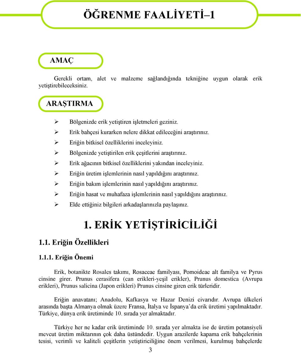 Erik ağacının bitkisel özelliklerini yakından inceleyiniz. Eriğin üretim işlemlerinin nasıl yapıldığını araştırınız. Eriğin bakım işlemlerinin nasıl yapıldığını araştırınız.