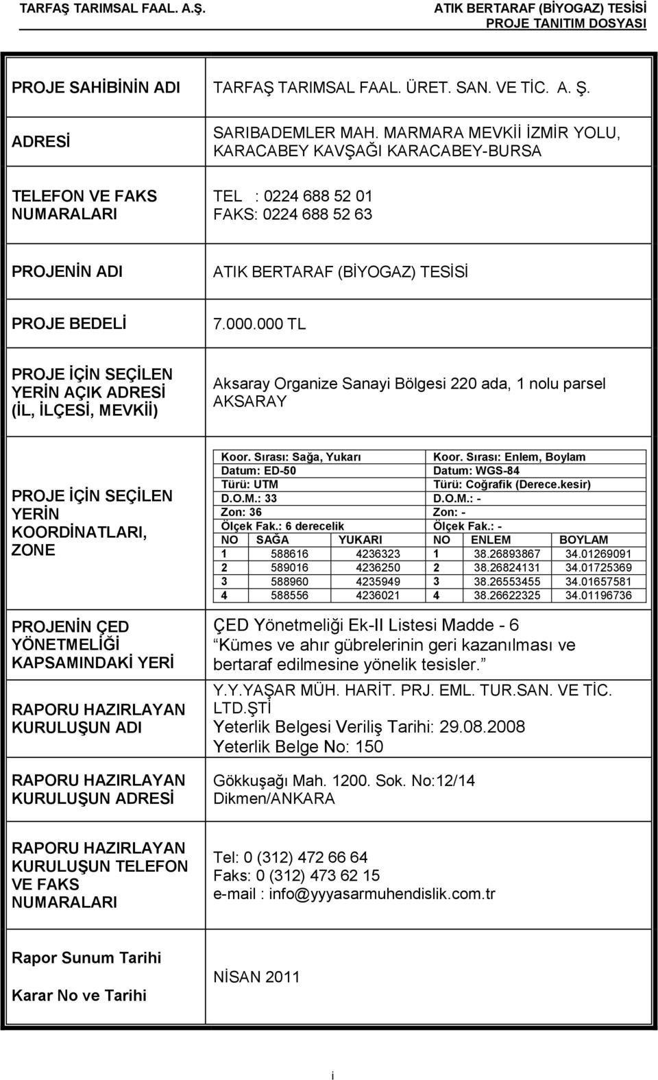 000 TL PROJE İÇİN SEÇİLEN YERİN AÇIK ADRESİ (İL, İLÇESİ, MEVKİİ) Aksaray Organize Sanayi Bölgesi 220 ada, 1 nolu parsel AKSARAY PROJE İÇİN SEÇİLEN YERİN KOORDİNATLARI, ZONE PROJENİN ÇED YÖNETMELİĞİ