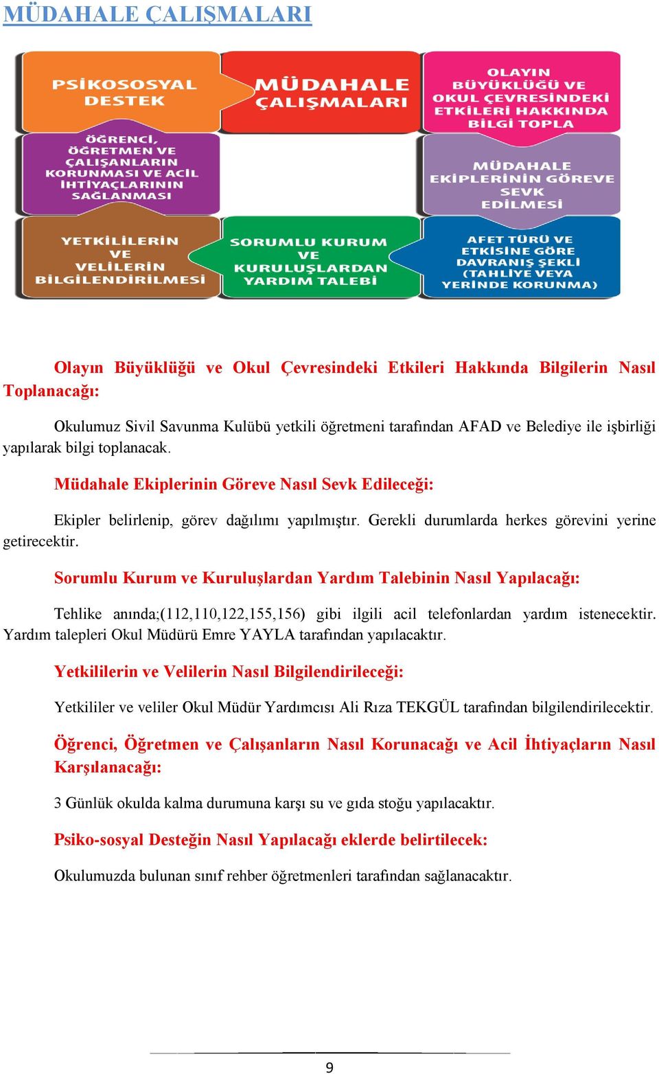 Sorumlu Kurum ve Kuruluşlardan Yardım Talebinin Nasıl Yapılacağı: Tehlike anında;(112,110,122,155,156) gibi ilgili acil telefonlardan yardım istenecektir.