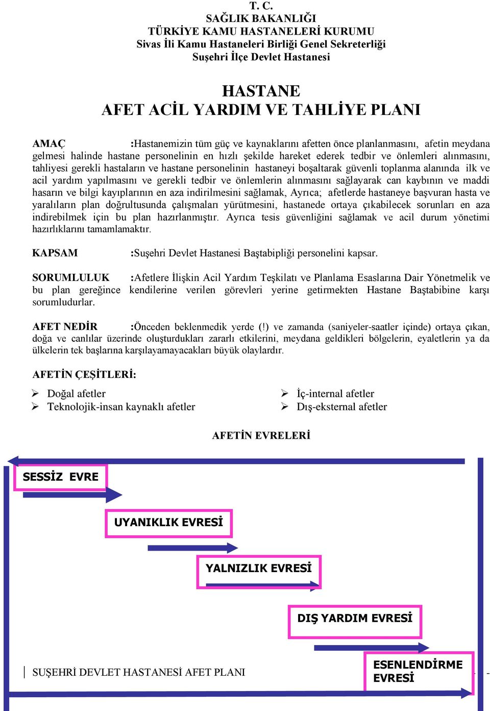 hastane personelinin hastaneyi boşaltarak güvenli toplanma alanında ilk ve acil yardım yapılmasını ve gerekli tedbir ve önlemlerin alınmasını sağlayarak can kaybının ve maddi hasarın ve bilgi