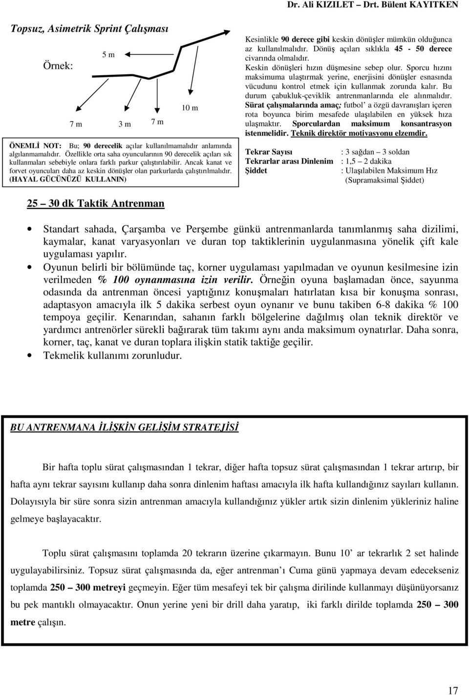 Ancak kanat ve forvet oyuncuları daha az keskin dönüşler olan parkurlarda çalıştırılmalıdır. (HAYAL GÜCÜNÜZÜ KULLANIN) Kesinlikle 90 derece gibi keskin dönüşler mümkün olduğunca az kullanılmalıdır.