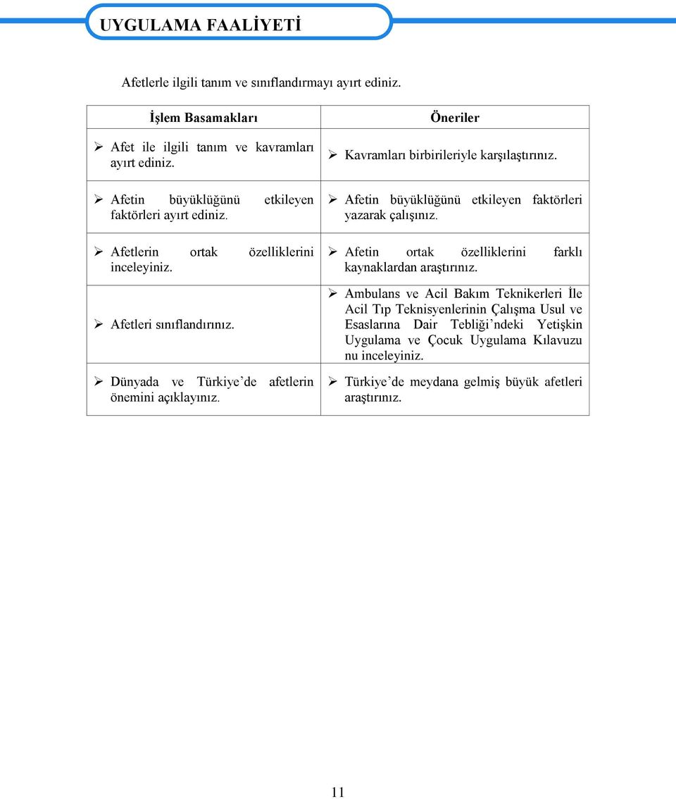 Öneriler Kavramları birbirileriyle karşılaştırınız. Afetin büyüklüğünü etkileyen faktörleri yazarak çalışınız. Afetin ortak özelliklerini farklı kaynaklardan araştırınız.