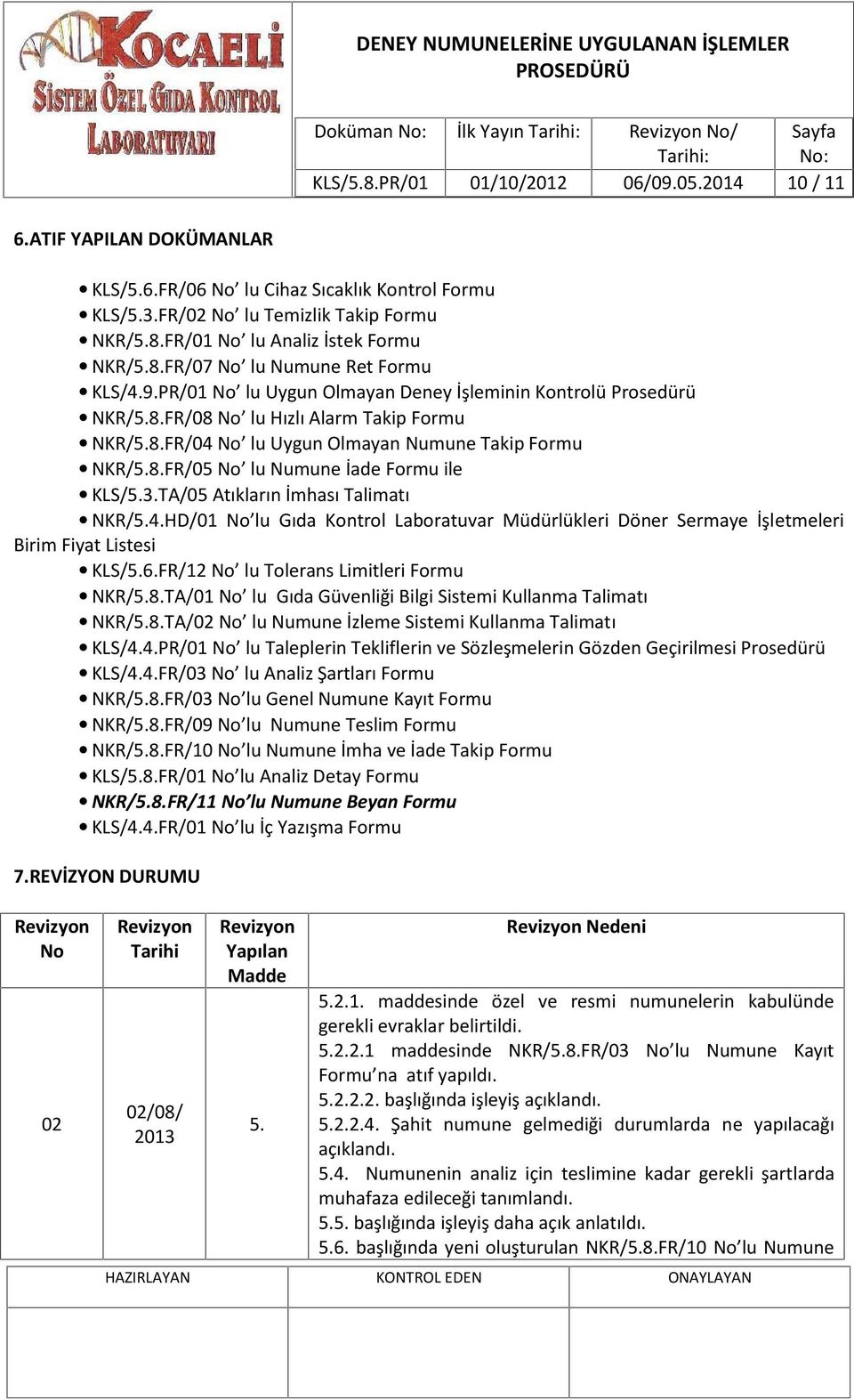 8.FR/05 No lu Numune İade Formu ile KLS/5.3.TA/05 Atıkların İmhası Talimatı NKR/5.4.HD/01 No lu Gıda Kontrol Laboratuvar Müdürlükleri Döner Sermaye İşletmeleri Birim Fiyat Listesi KLS/5.6.