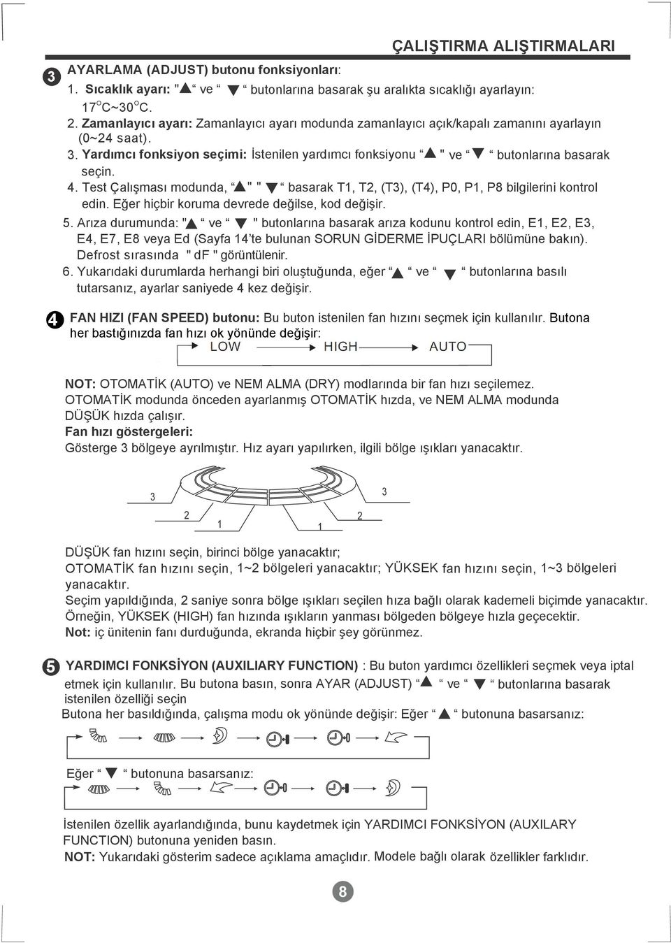 Test Çalışması modunda, " " basarak T1, T2, (T3), (T4), P0, P1, P8 bilgilerini kontrol edin. Eğer hiçbir koruma devrede değilse, kod değişir. 5.