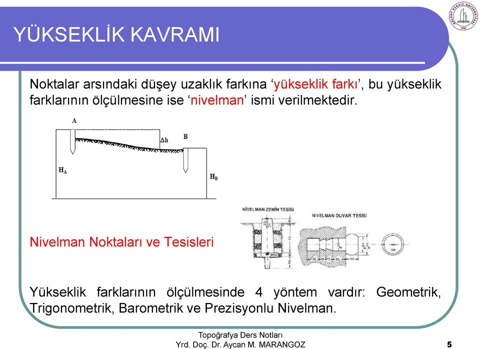 Nivelman Noktaları ve Tesisleri Yükseklik farklarının ölçülmesinde 4 yöntem