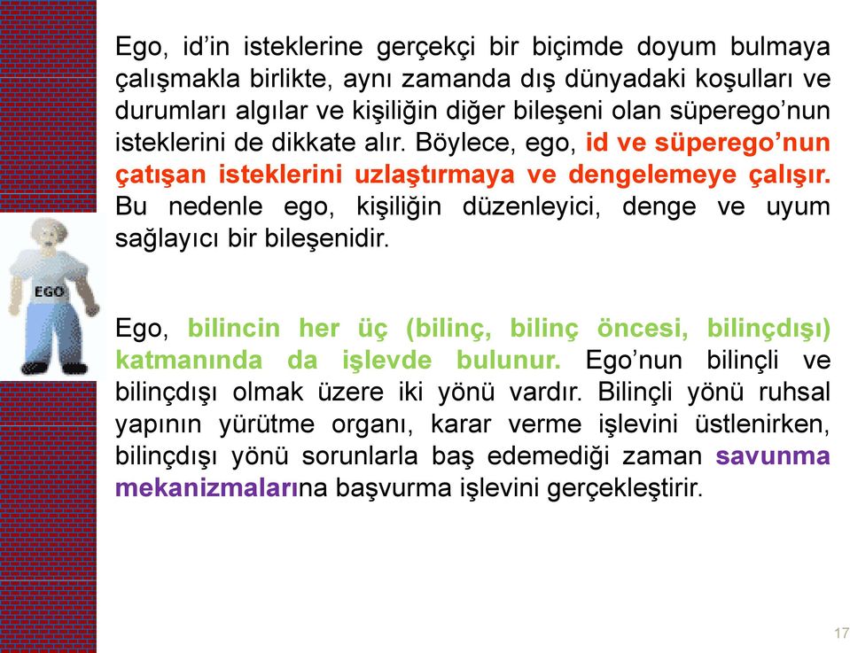 Bu nedenle ego, kişiliğin düzenleyici, denge ve uyum sağlayıcı bir bileşenidir. Ego, bilincin her üç (bilinç, bilinç öncesi, bilinçdışı) katmanında da işlevde bulunur.