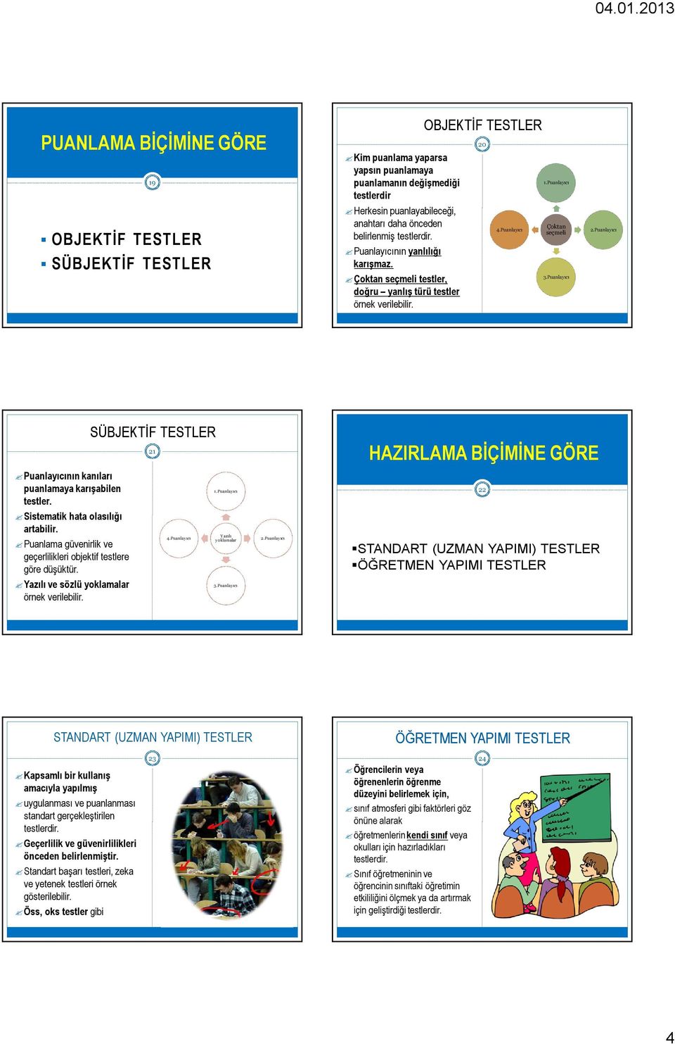 Puanlayıcı Puanlayıcının kanıları puanlamaya karışabilen testler. Sistematik hata olasılığı artabilir. Puanlama güvenirlik ve geçerlilikleri objektif testlere göre düşüktür.