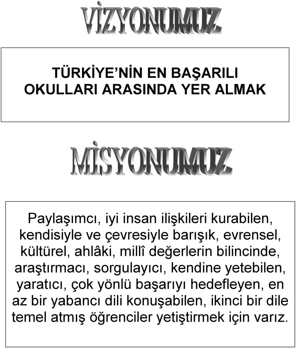 bilincinde, araştırmacı, sorgulayıcı, kendine yetebilen, yaratıcı, çok yönlü başarıyı