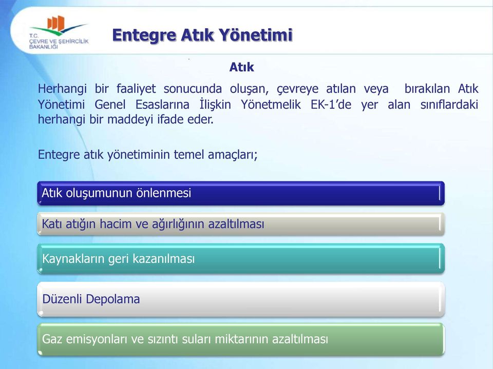 eder. Entegre atık yönetiminin temel amaçları; Atık oluşumunun önlenmesi Katı atığın hacim ve ağırlığının